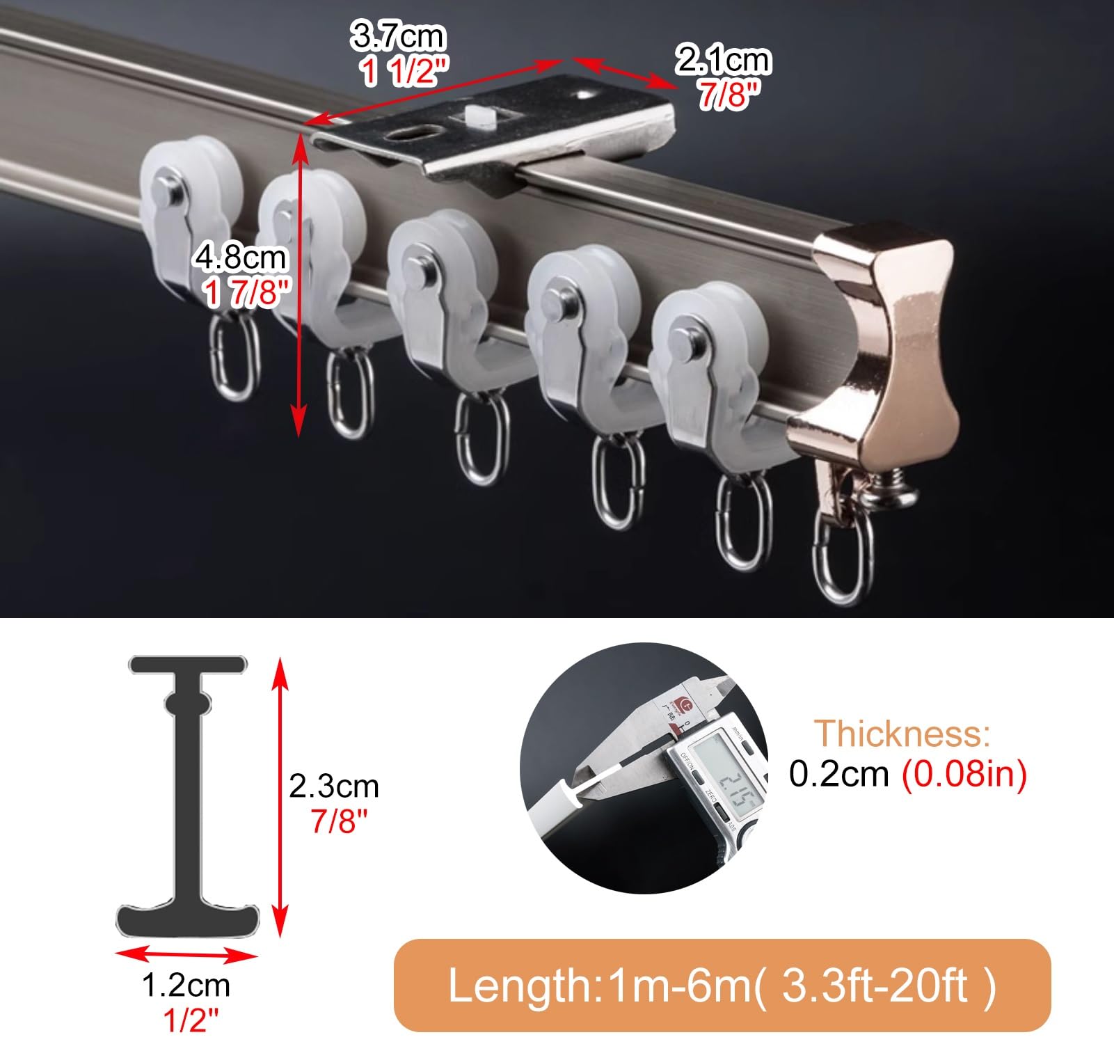 Blackout ain Track System - 2,0 m (6,6 ft) zginany uchwyt sufitowy z cichymi kółkami, idealny do salonu, sypialni, patio i pokoju - Ele Champagne h