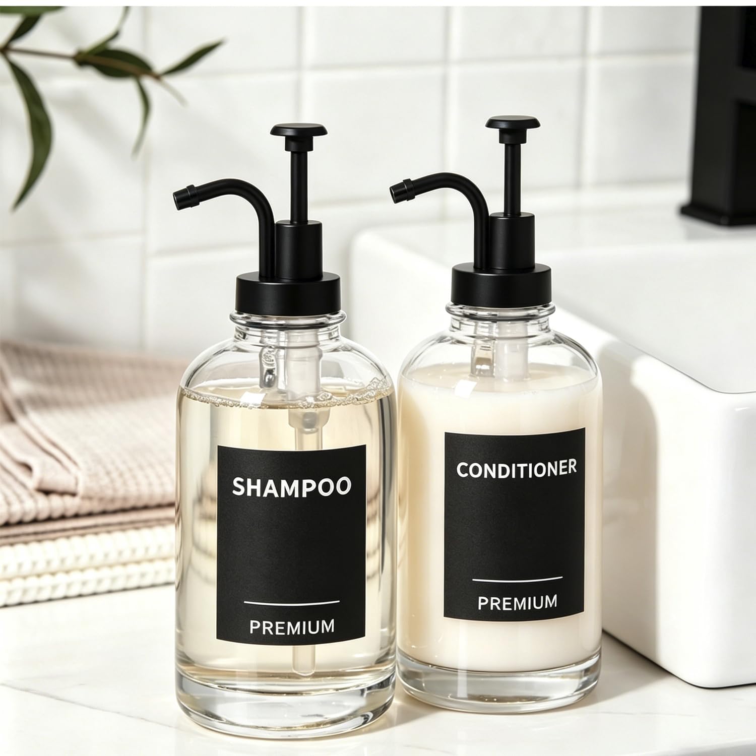 Dispenser di sapone per piatti da cucina, dispenser di sapone a mano in vetro con pompa, vassoio, imbuto per bagno, doccia, lavanderia, liquidi, lozioni (confezione da 2 bottiglie trasparenti da 510