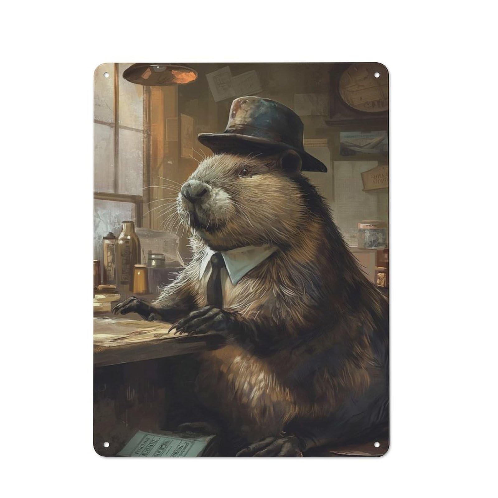 Nostalgic Funny Dressed Beaver Hat Decorative Tin Sign 40x30cm, Vintage Wall Decor for Lounge, Study, Pub Or Wall Gallery