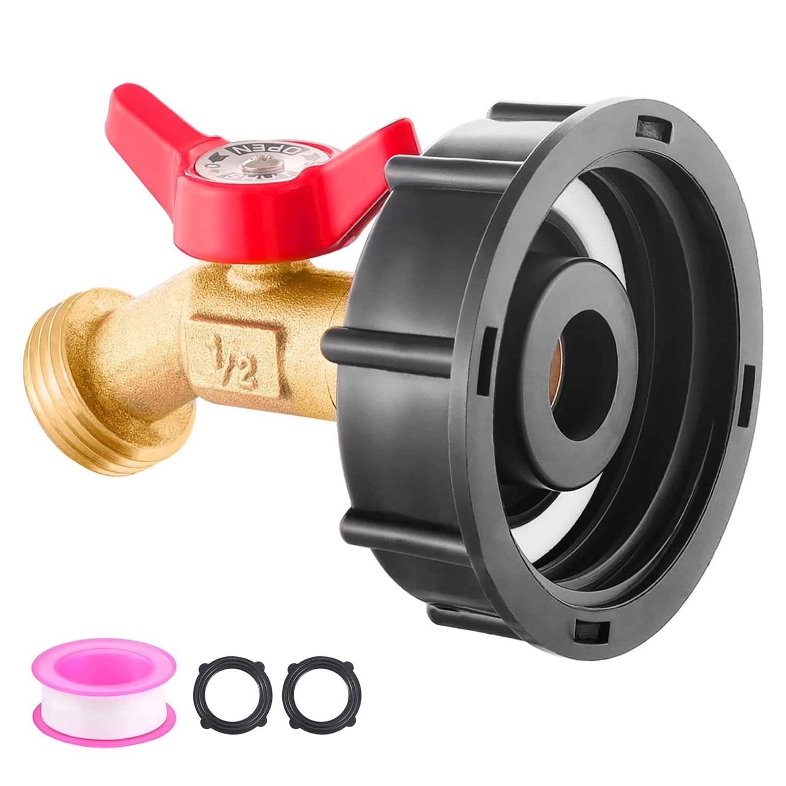 windblowgrass 275-330 Gallon IBC Tote Tank Adapter, 2" Corase Thread with Lead-Free Brass Spigot Valve (1/2" Male NPT Inlet×3/4" GHT Outlet), for Garden Hose Connector