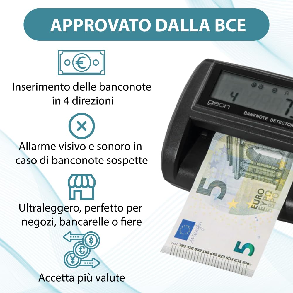 Rilevatore Banconote False UV/MG/IR - Approvato BCE - Funzione Conta Banconote - 0,5 Secondi per Banconota - Multivaluta EUR/GBP/USD - Display LED - Connessione PC/Stampante