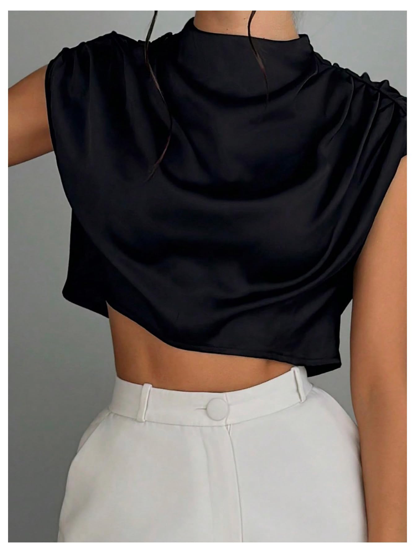SweatyRocks Women's Satin Crop Tops Ruched Mock Neck Cap Sleeve Elegant Blouse Shirt