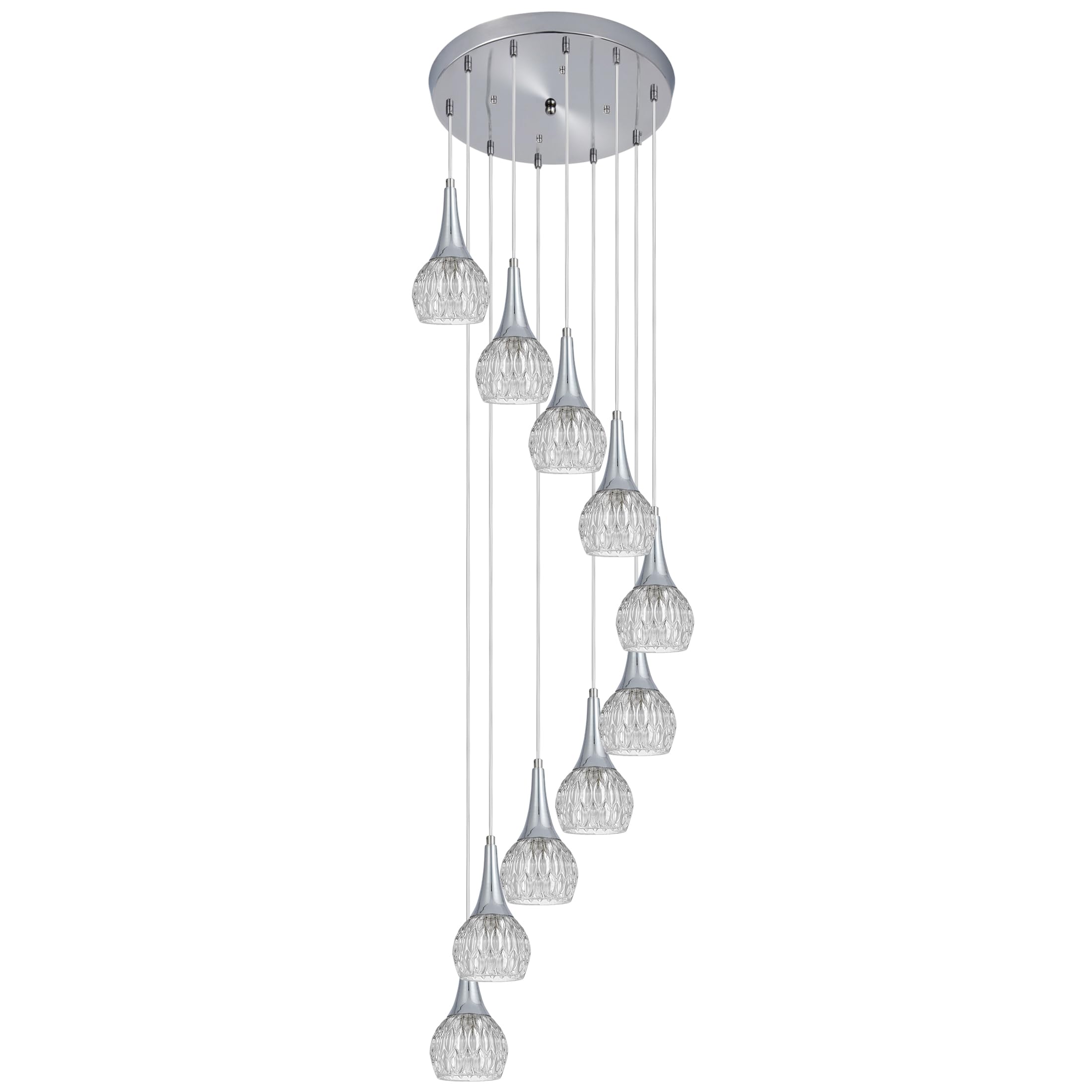 FYZDLAOR Modern 10-Light Spiral Chandeliers Polished Chrome Pendant Lights Art Glass Shade Dome Long Chandelier Lighting for Foyer Entryway Stairwell Ceiling Fixture