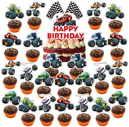 25Pcs Truck Cake Topper Cool Monsters Cupcake Toppers Happy Birthday Cake Decorations for Boys Girls Kids Teens Adult Birthday Party Supplies