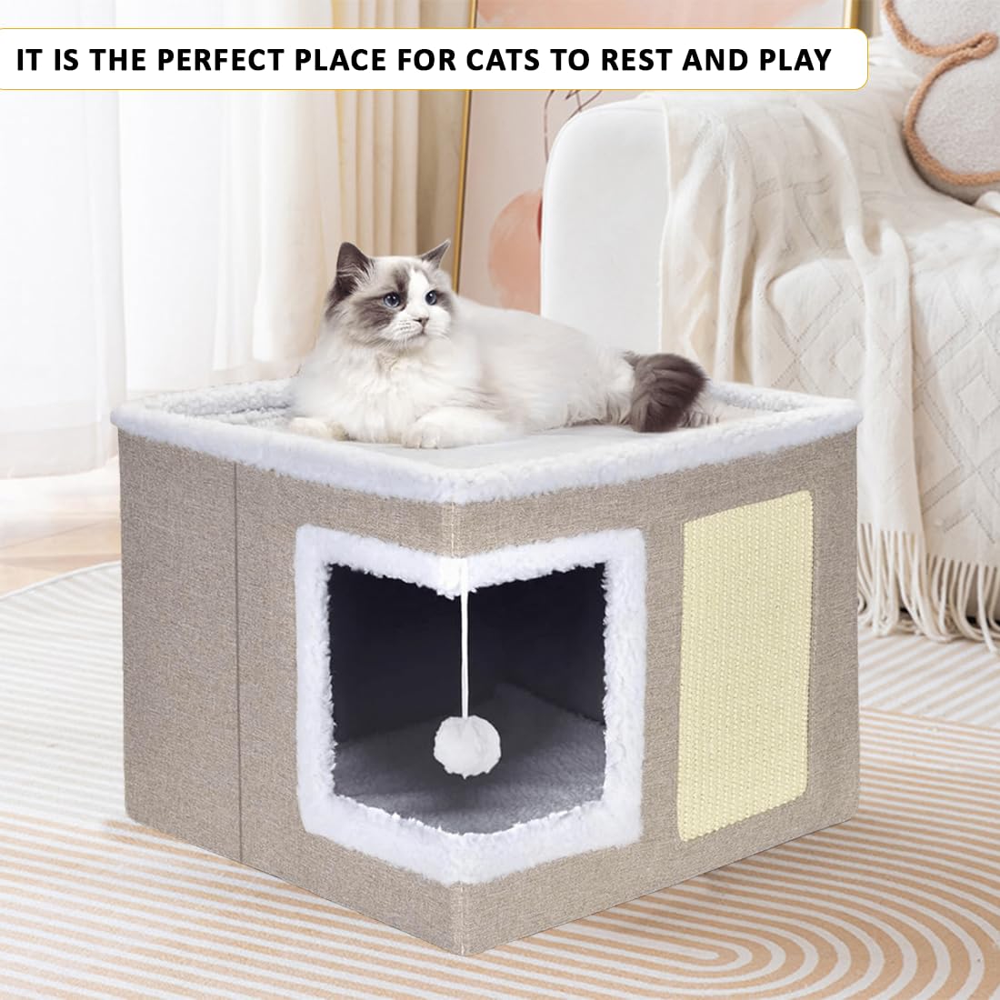 ERNAN Casa para Gatos Interior Plegable con Rascador, Cama para Diversos Estilos de Decoración del Hogar, para Pequeños Animales Interiores (Beige)