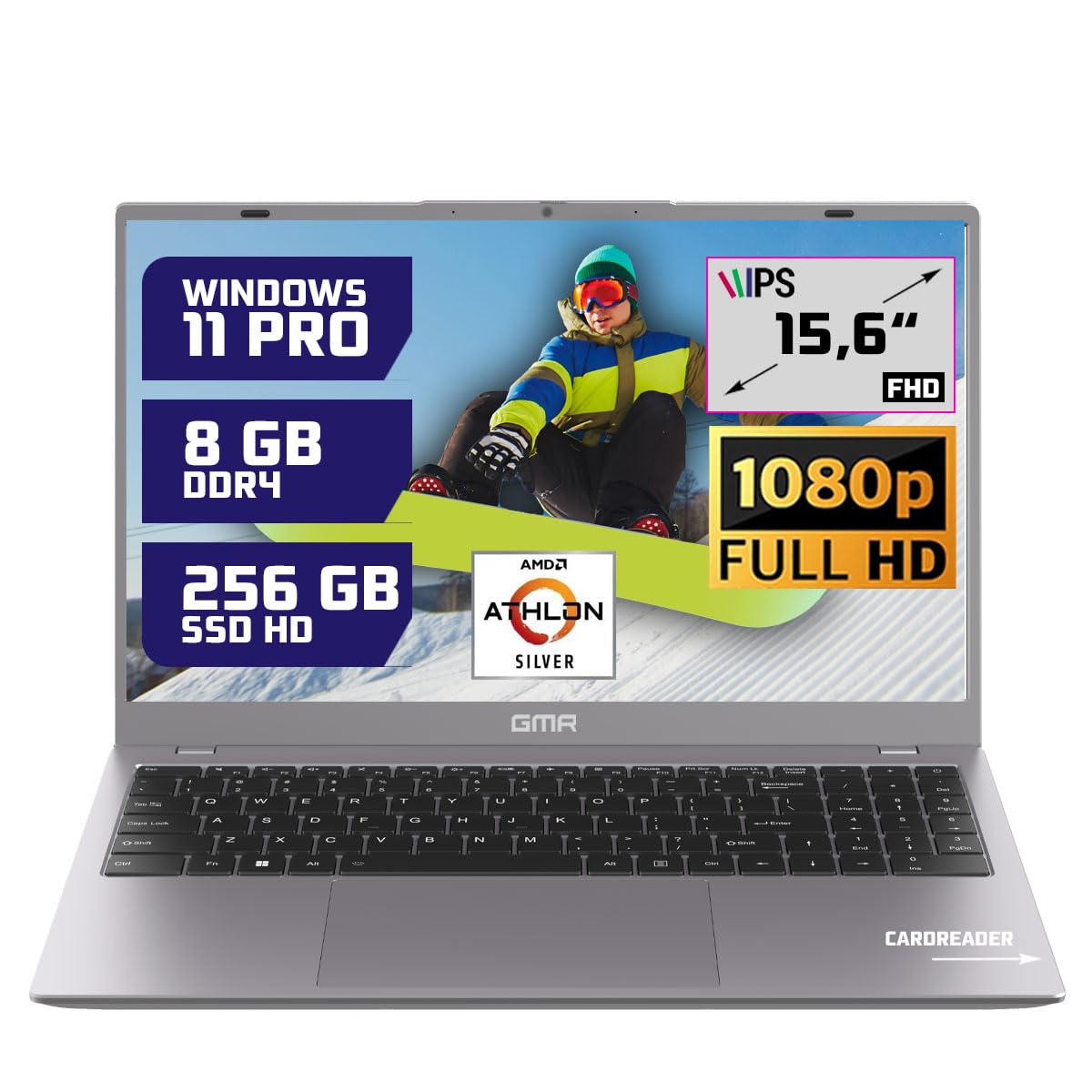 GMR – Portátil Full HD de 15,6 Pulgadas – AMD Athlon Silver – 8 GB de RAM – SSD de 256 GB – Windows 11 Pro para el hogar, la Oficina y el Estudio – Teclado QWERTY