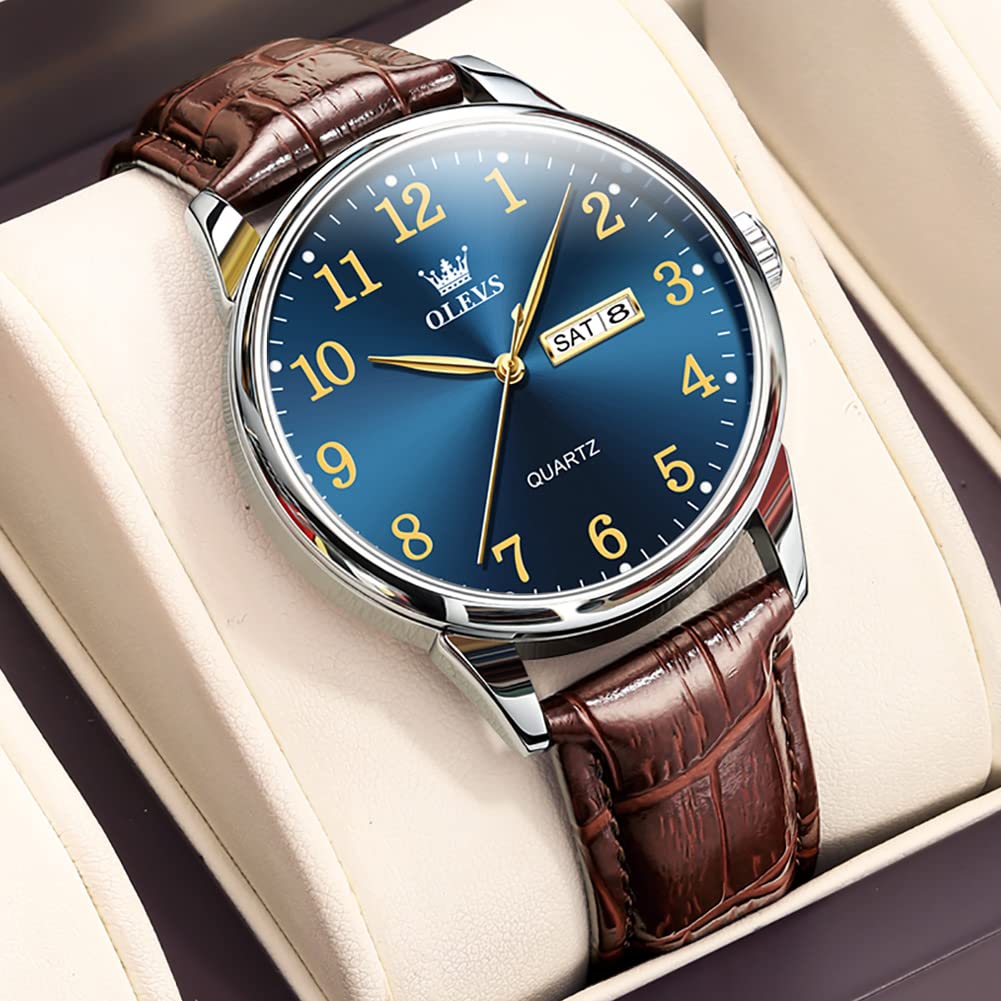 OLEVS Lederuhr für Herren, Edelstahl Analog Quarz Uhr, Klassisches Geschäfts-Kleid Uhr, Wasserdicht Leuchtend Tag Datum Armbanduhr
