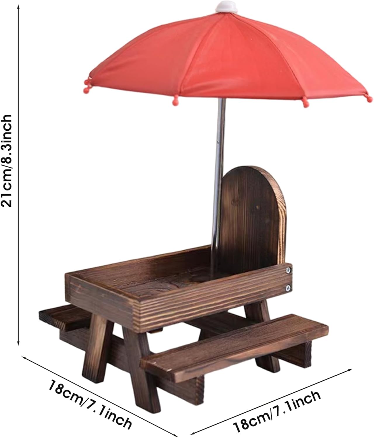 Squirrel Picnic Table with Red Umbrella, Wooden Chipmunk Feeder for Outside, Burnt Semicircular Corn Cob Holder Wildlife, 18x21x18cm