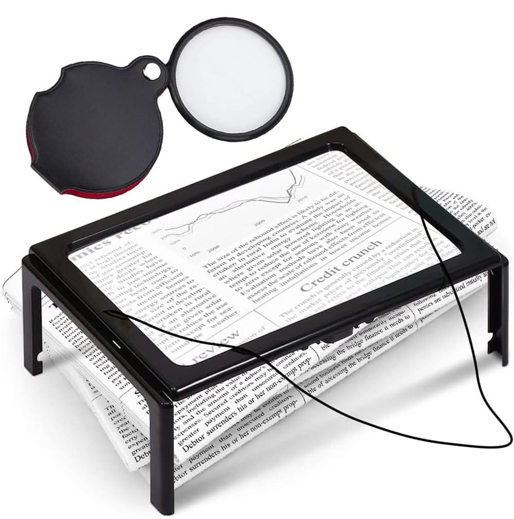 Rubik 3X Large Magnifying Glass with 4 LED Lights & 8X Pocket Magnifier Loupe, Foldable Hands Free Desk Stand Lanyard Neck for A4 Page Reading Sewing Knitting