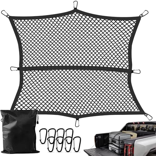 Truck Bed Cargo Net, Stretchable from 4'x4' to 7'x7',High Elastic Cargo Net with Storage Bag and 8 rustproof Buckles, Ideal for ATV, SUV, UTV, Truck and Boat Use, Black