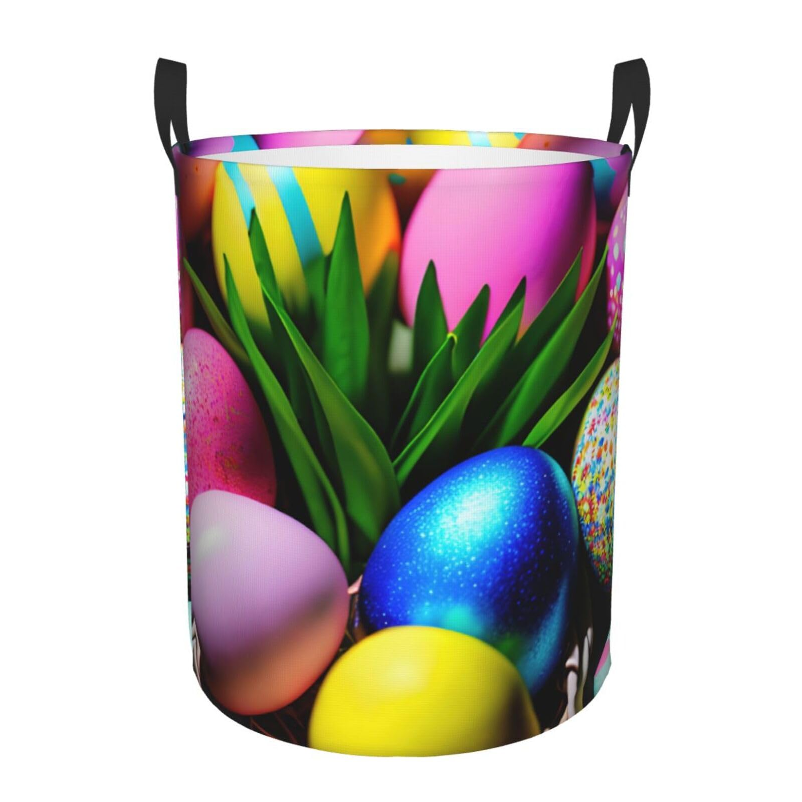 M Collapsible Laundry Hamper Round Colorful Easter Eggs Print Storage