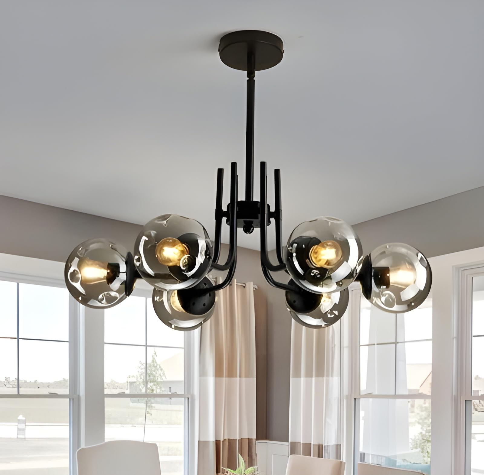 with Bulb Modern Black Metal & 6 Black Dome Glass Globe Sputnik Chandelier Metal Ceiling Light Hanging Fixture Semi Flush Mount Chandelier for Living Room, Dining Room, Bedroom,Restaurant