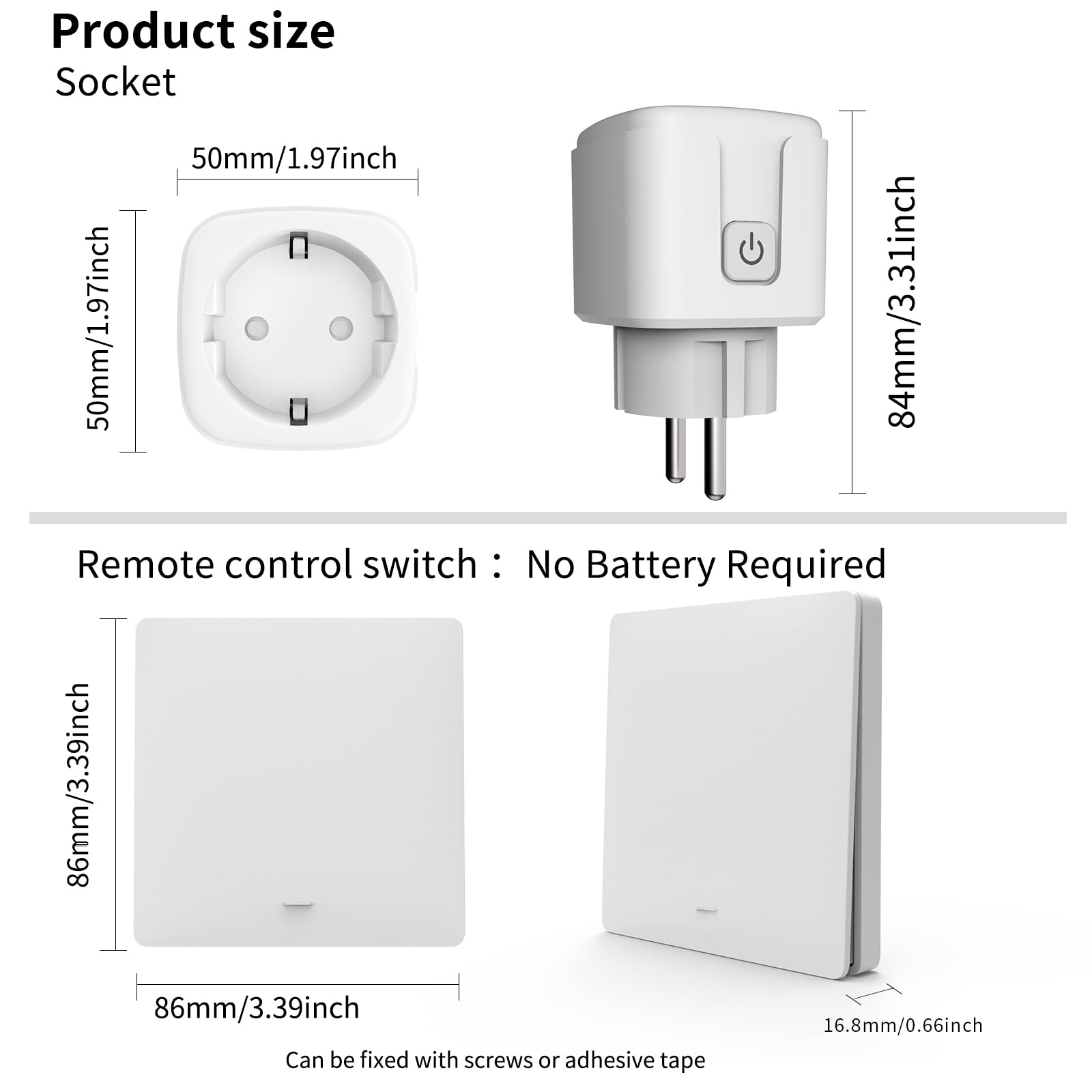 KADMOS Kit Prise Télécommandée et Interrupteur Sans Fil (Sans Pile), Interrupteur Cinétique Auto-alimenté 433MHz, 3500W, Commande à Distance pour Lampes et Appareils (Blanc, 2 Interrupteur + 1 Prise)