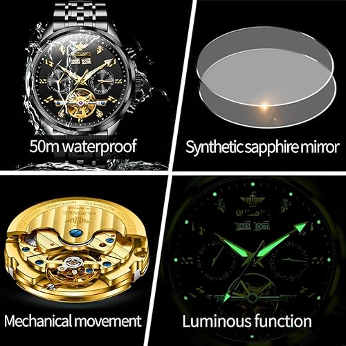 Miniatura 5 de OUPINKE Relojes Automáticos para Hombres Mecánicos Esqueleto Reloj de Vestir de Lujo para Hombre Acero de Tungsteno Resistente al Agua Luminoso