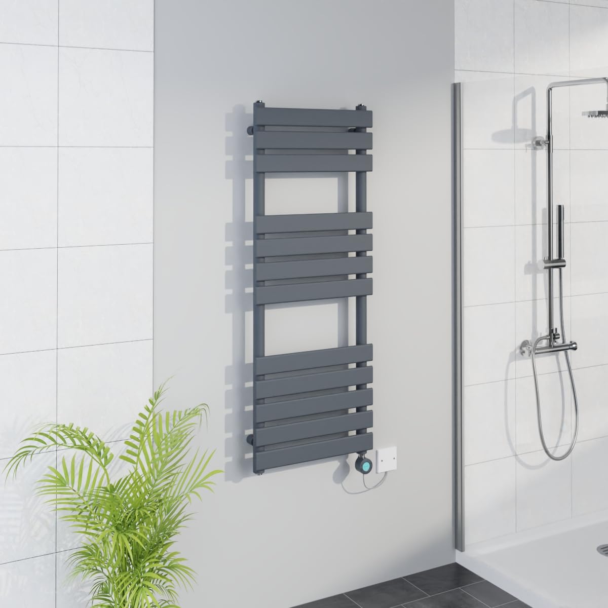 Warmehaus Sand Grey Smart Wifi Thermostatic Electric Bathroom Flat Panel Heated Towel Rail Warmer Radiator With Timer 1200X450mm