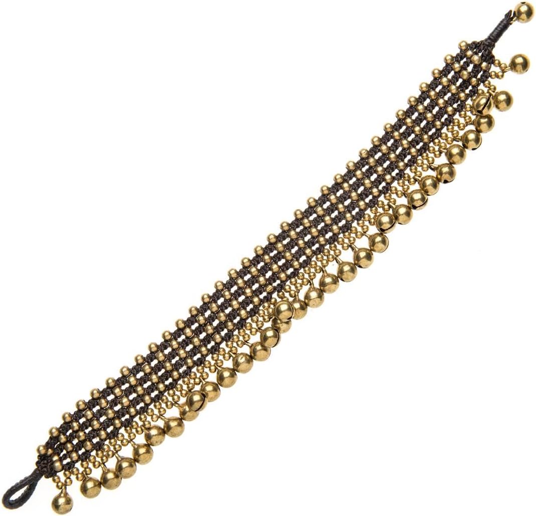 81stgeneration Women's Brass Gold Anklet with Bells 27 cm - Ethnic Jewelry - Wide Cord Beaded Ankle Bracelet - Indian Style Payal Anklets - Gypsy Festival Fashion - Feet Jewelry for Women