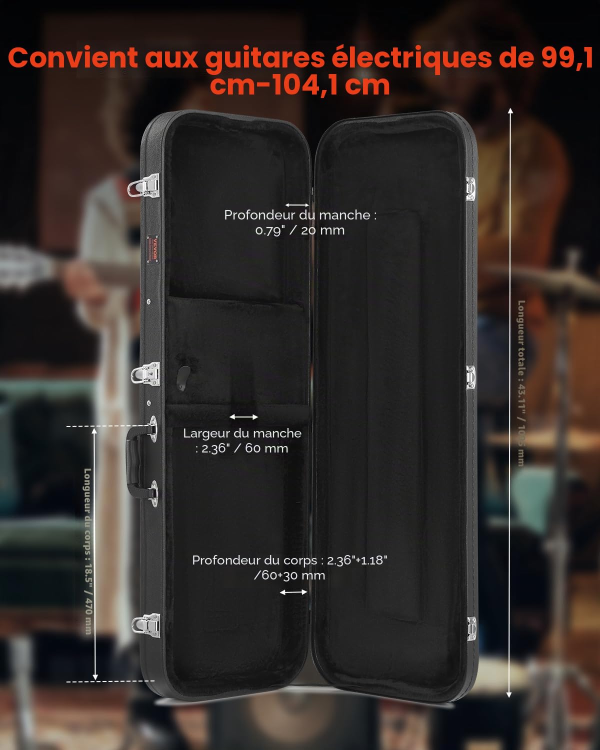 VEVOR Étui Guitare Électrique Rigide Rectangulaire 1095 mm avec Verrouillage Clés, Poignée, Rembourrage en PVC, Doublure Souple, Résistants à l'eau, pour Guitares Électriques de 39 po 99 cm, Noir
