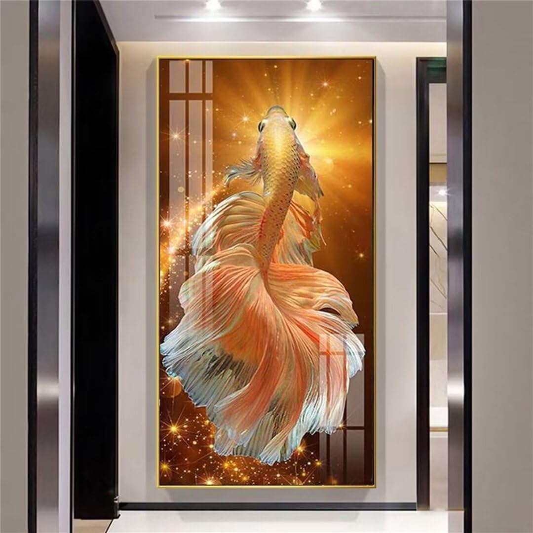 Broderie Diamant Poisson Koi Orange 5D Kit Complet Grand Format 80x160cm pour Décoration Maison