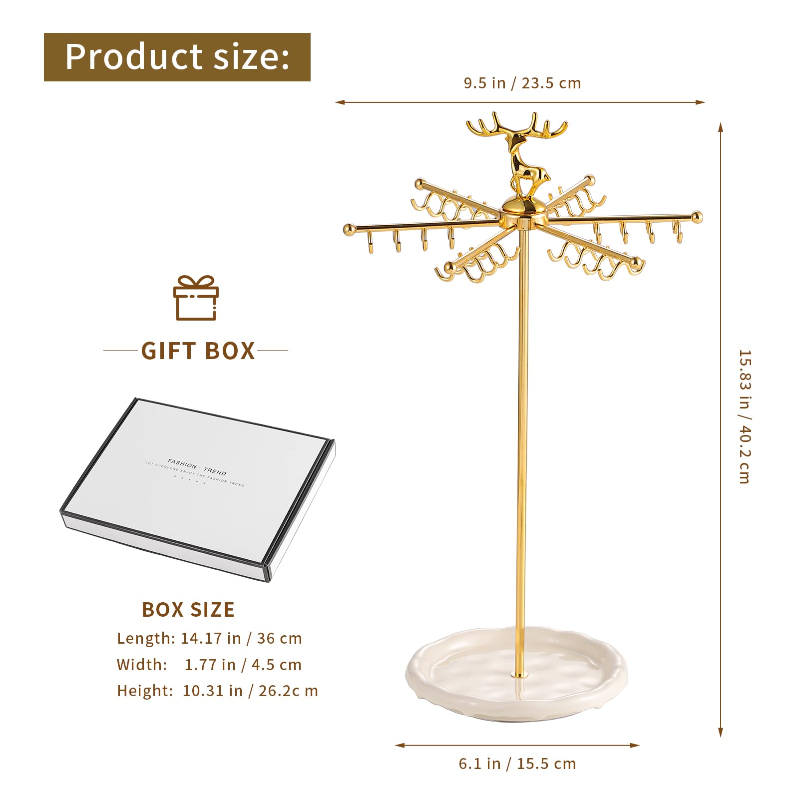 Leijosya Necklace Holder Jewelry Stand, Rotating Necklace Holder Organizer with 48 Hooks for Necklace Earring Keychains Bracelet Display Stand, Metal Necklace Tree Stand -Women Gifts (Gold)