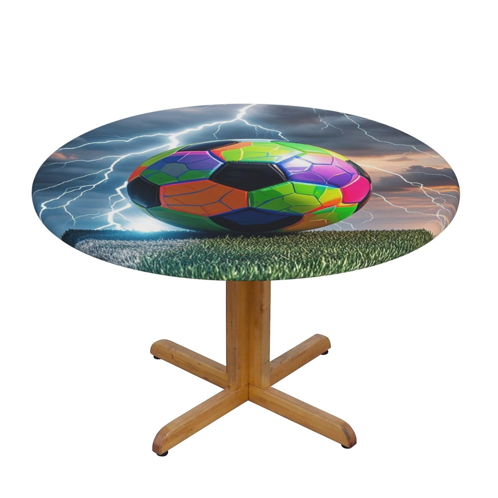 BTCOWZRV Football and Lightning Round Spandex Tablecloth 47 Inch, Elastic Fitted Waterproof Tablecloths Stretch Washable Picnic Table Cover for Camping, Dining, Indoor and Outdoor