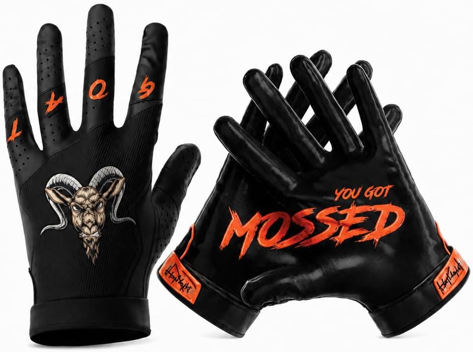G.O.A.T. Football Gloves – Extra Sticky Wide Receiver Gloves for Men, Youth & Boys – G.O.A.T. 'You Got Mossed' Edition – Superior Grip, All-Weather, Machine Washable – S to XXL