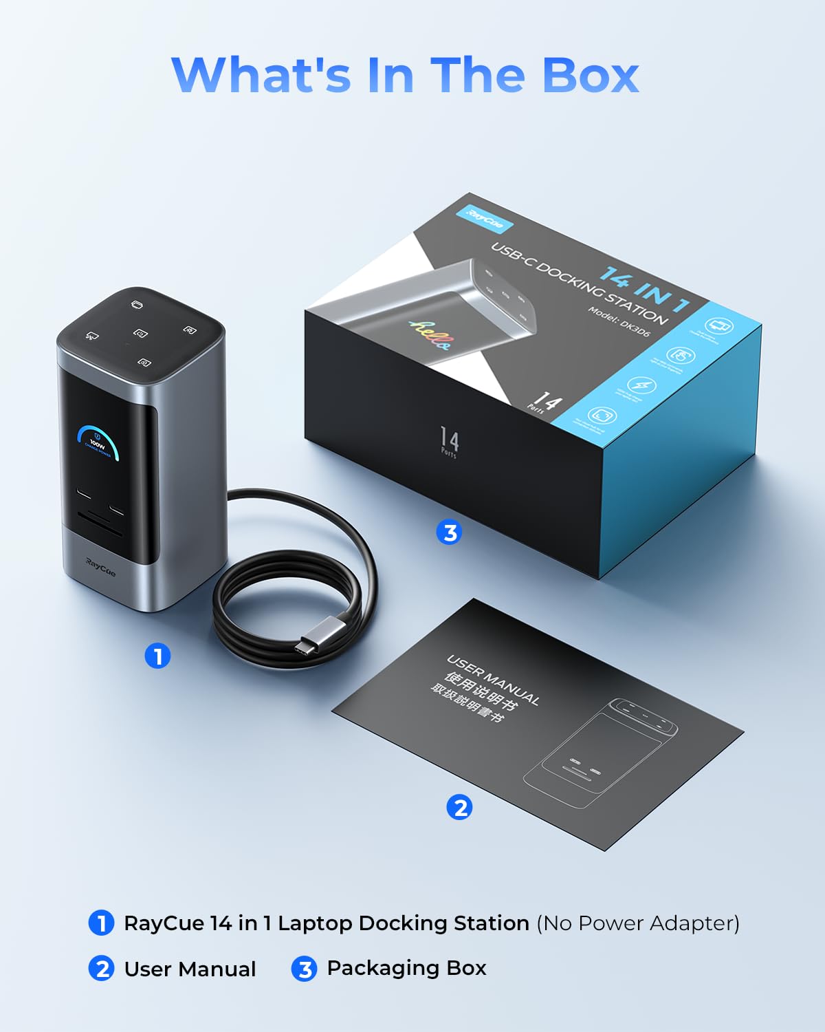 RayCue Estación de acoplamiento 14 en 1 con monitor dual, 2 HDMI 4K, 6 puertos USB, 5 botones de acceso directo, Ethernet de 1 Gbps, PD3.0 (sin adaptador de corriente), estación de acoplamiento para