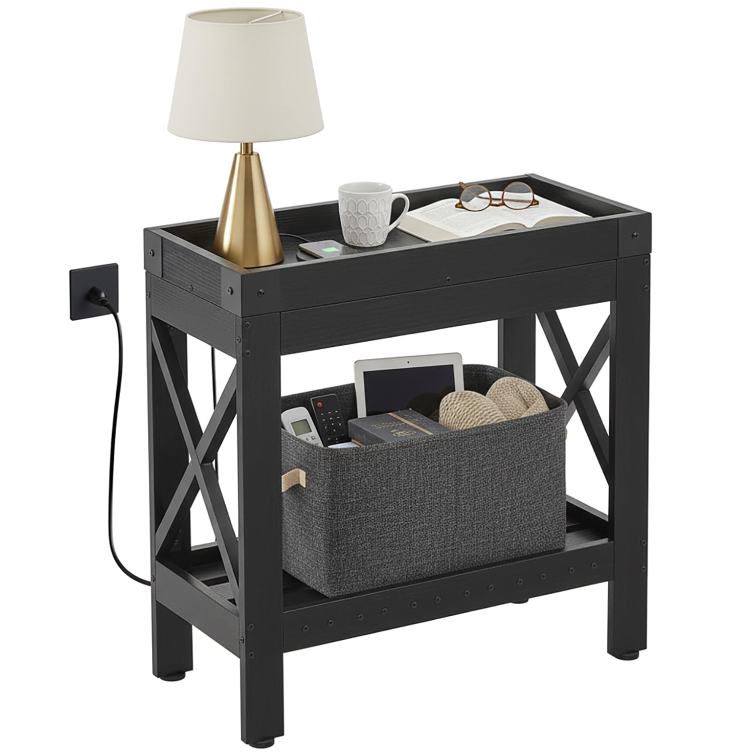 Narrow Side Table, Slim End Table with Charging Station for Small Spaces, with 2 USB and 2 Power Outlets, 21.7" L x 10" W x 21.7" H