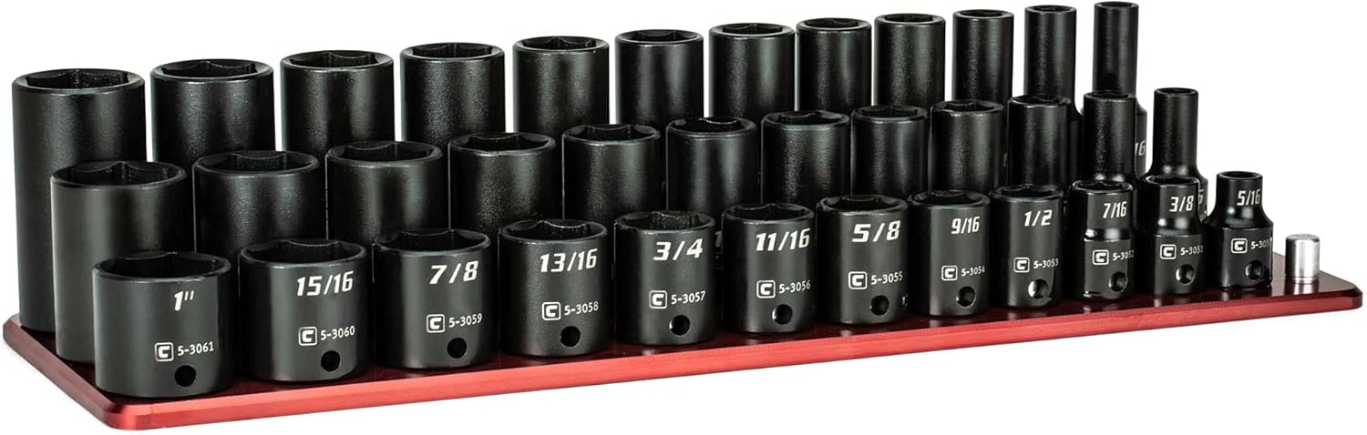 Capri Tools 3/8 in. Drive Master Shallow, Semi-Deep and Deep Impact Socket Set, SAE, 5/16 to 1 in. with Billet Aluminum Socket Rail
