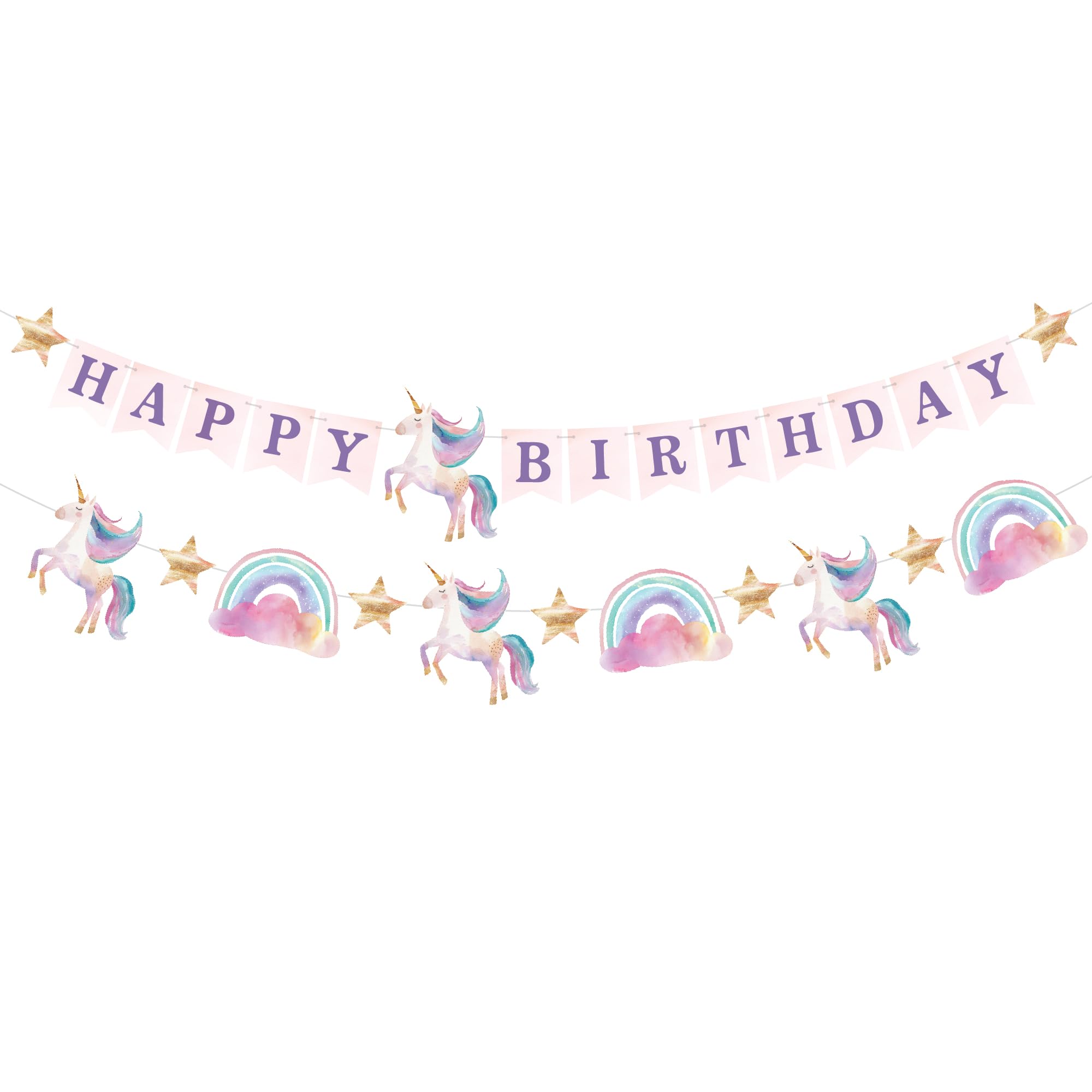 Modern Whimsy Unicorn Birthday Banner Set | Unicorn Party Decorations & Rainbow Party Supplies | 2 Matching Pre-Strung Banners - Happy Birthday Sign &