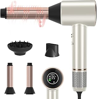 PARWIN PRO BEAUTY Air-Sonic Hair Dryer, HD LED Display Hair Dryer, Hair Dryer with 110,000 RPM Brushless Low Noise Motor, 2 x 32 mm Car Wrap Curler, 25 m/S Airflow for Quick Drying (Champagne Silver)