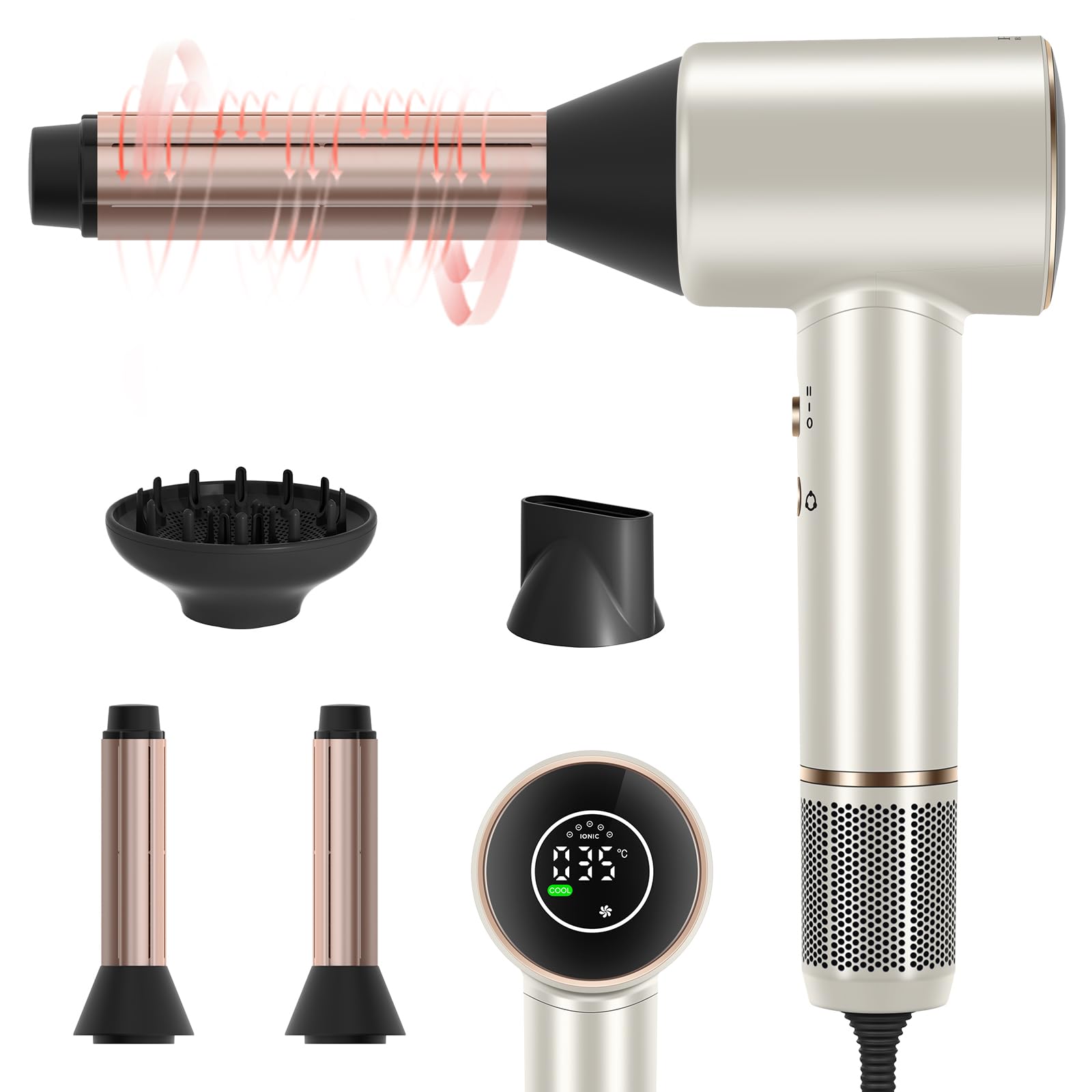 PARWIN PRO BEAUTY Air-Sonic Föhn, HD-LED Anzeige Fön, Haartrockner mit 110,000RPM Bürstenlosem Geräuscharm Motor, 2x 32mm Auto Wrap-Curler, 25M/S Luftstrom für Schnelle Trocknung （Champagne Silver）