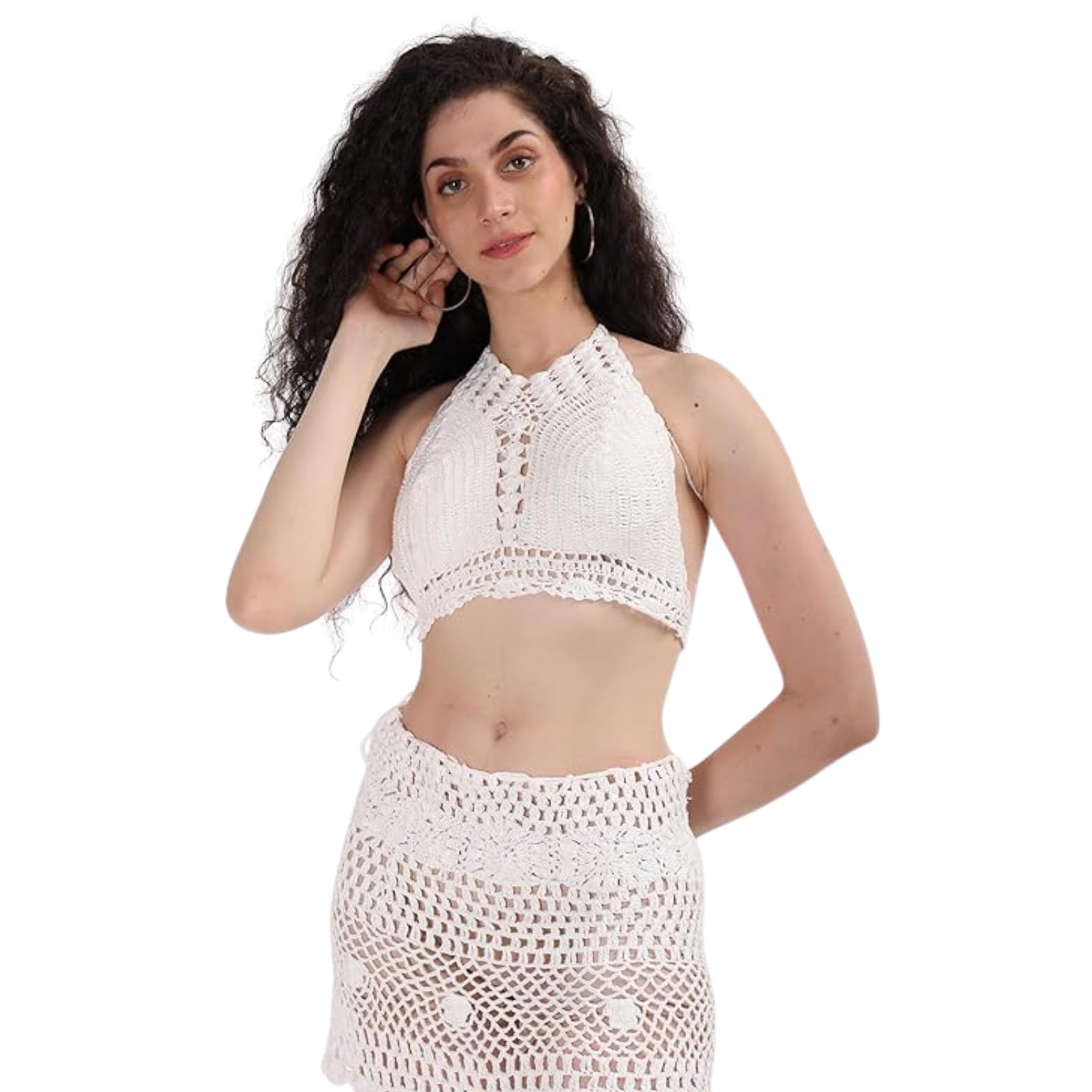 VP Life Style Women's Summer Beach Backless Crochet Halter Bikini Crop Top with Skirt Crochet Hollow Out Tassle Embroidery Knit Boho Beachwear,Two-Piece Dress for Women Free Size White-image-11