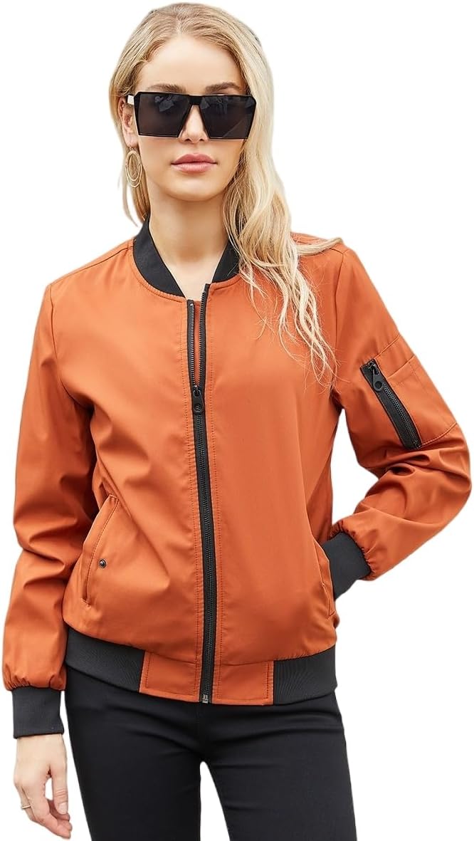 MLAFE Women's Lightweight Bomber Jacket - Y2K Varsity Baseball Jacket, Zip-Up Stand Collar Long Sleeve Casual Outerwear