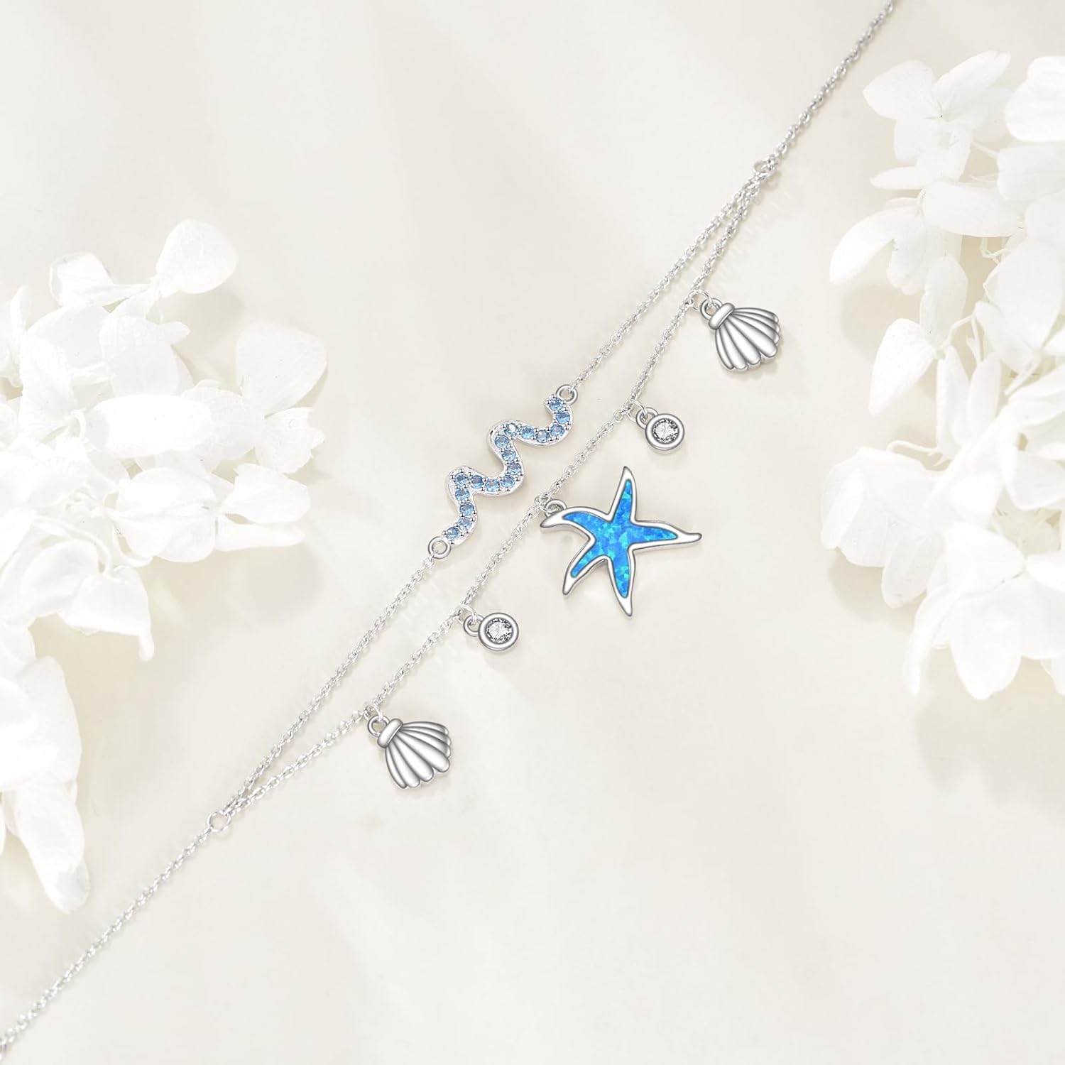 VONALA Starfish Anklet 925 925 Sterling Silver Starfish Layered Anklet Blue Opal Beach Jewelry Gift for Women - Image 4