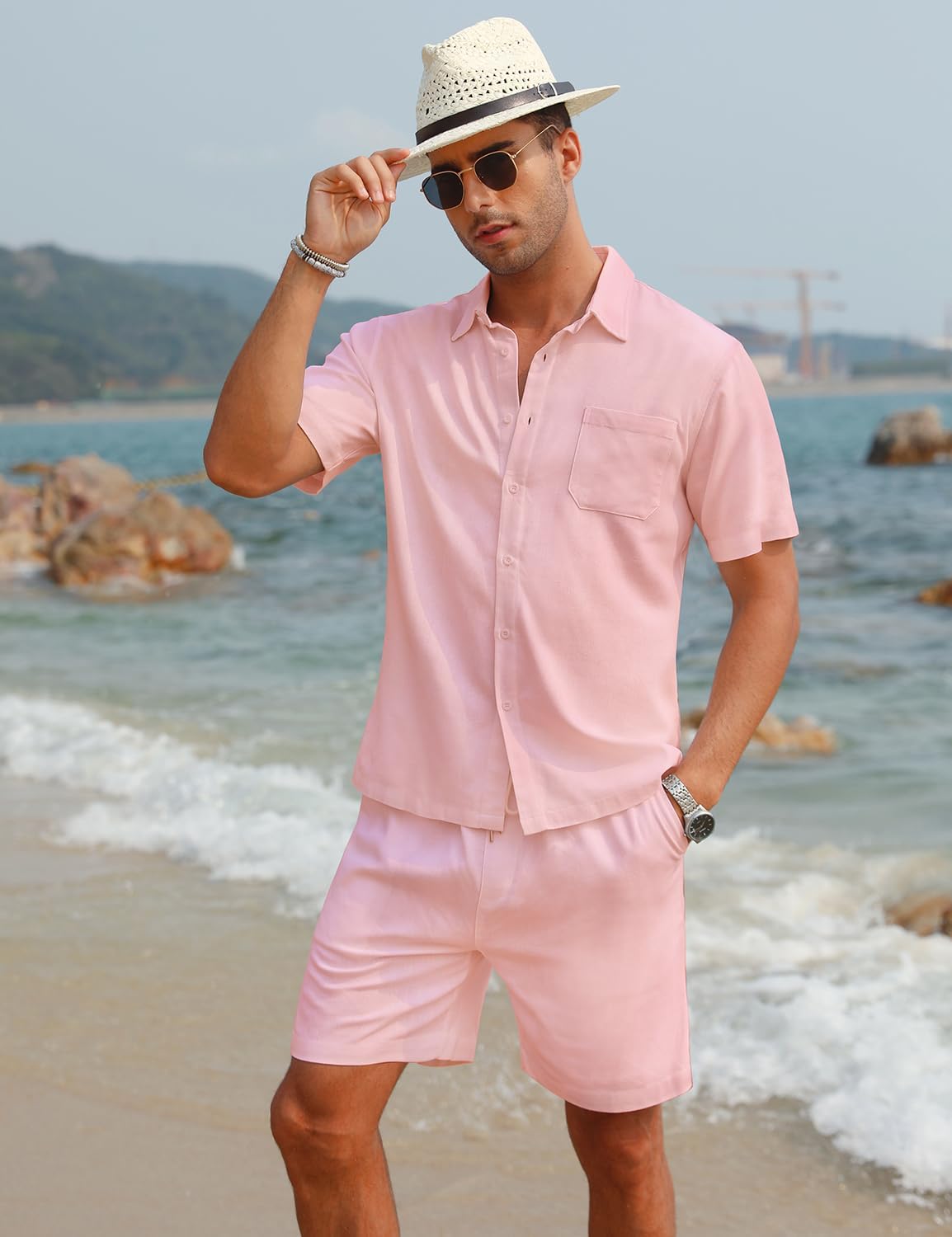 EISHOPEER Men Linen Sets Outfits Casual Short Sleeve Button Down Shirts Cotton Linen Beach Shorts Set