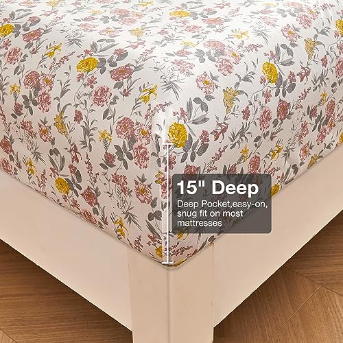 Image of Viviland Floral Twin XL Sheet Set - 3 Piece Vintage Pink & Yellow Flower Patterned Bed Sheets - Soft, Breathable Microfiber Sheets with Deep Pocket, Non-Slip Fitted Sheets & Pillowcases