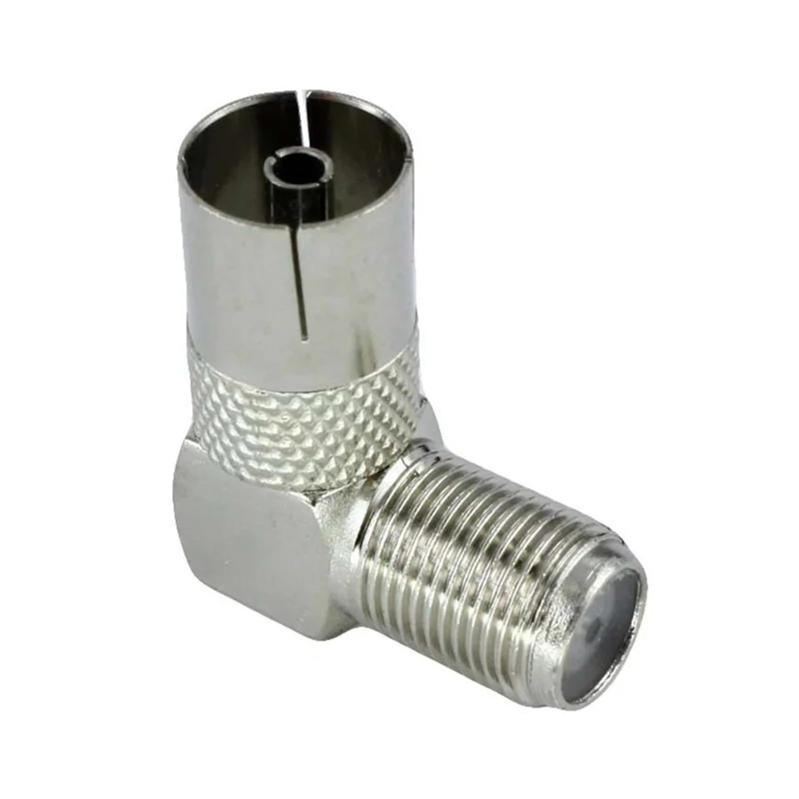 5 adattatori coassiali RF femmina F a IEC femmina, ad angolo retto di 90 gradi, 75 Ohm, nichelato, per antenna TV, cavo top box
