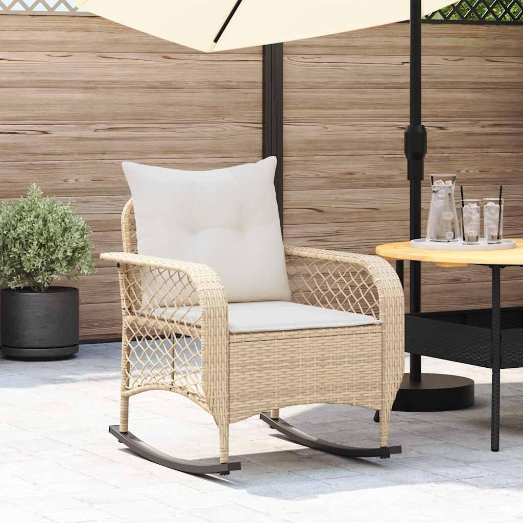 Silla mecedora de jardín beige, ratán sintético, acero, 67x75x75 cm, resistente a UVA, capacidad 110 kg
