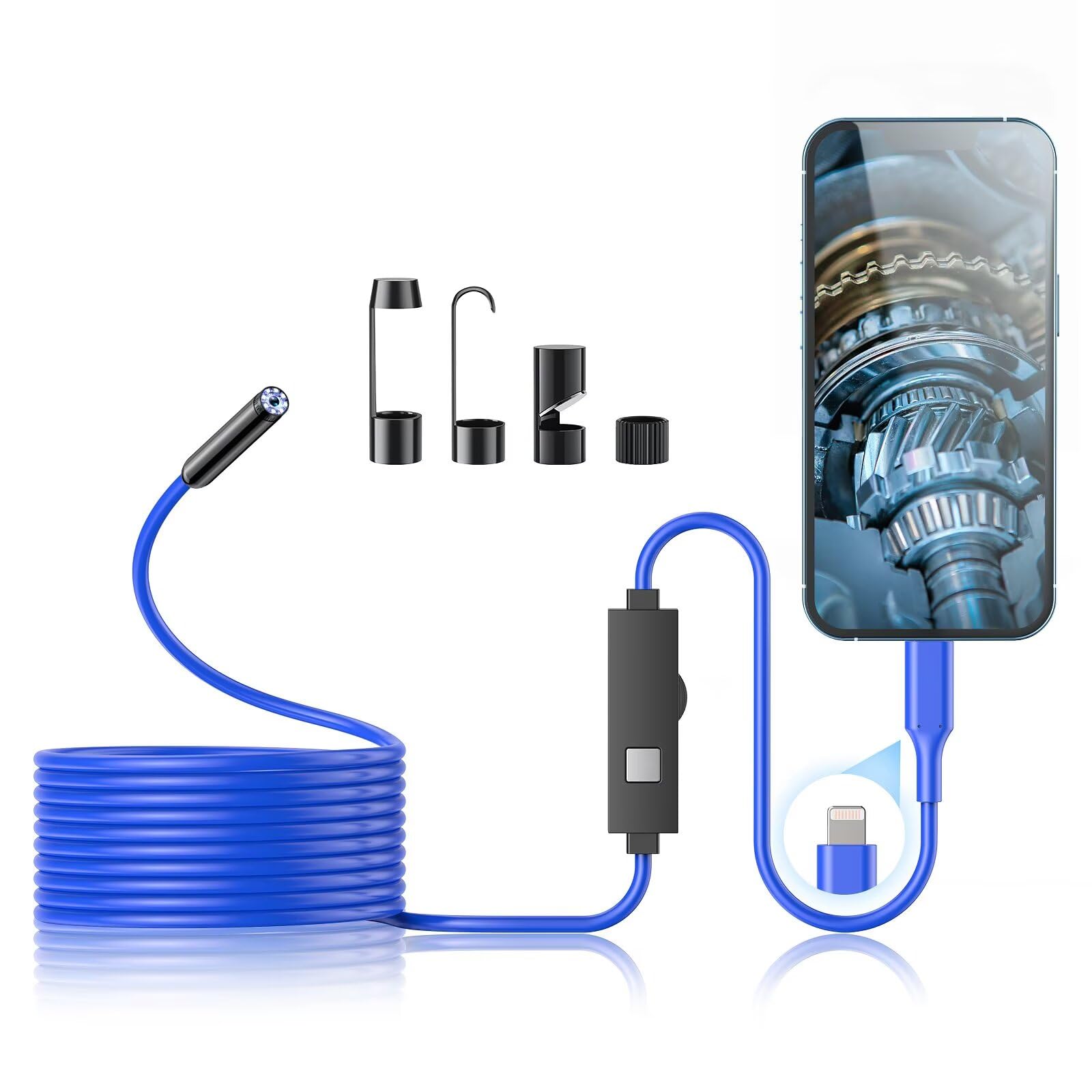 Endoscope Camera with Light,1920P HD Borescope Tools with 8 Adjustable LED Lights, Endoscope with Semi-Rigid Snake Camera, Inspection Borescope for iOS and Android-16.4ft Single Lens(Blue)