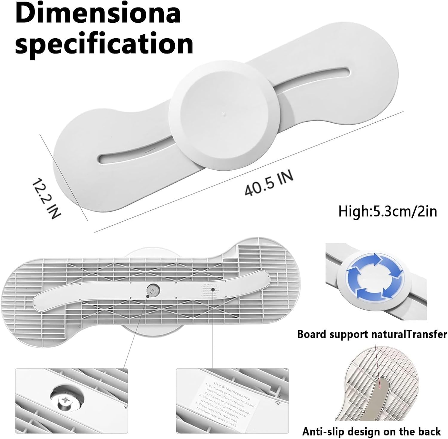 Tabla de Transferencia Giratoria -102 cm | Polímero de alto rendimiento, disco giratorio 360°, transferencias sin levantamiento para cuidadores y adultos mayores