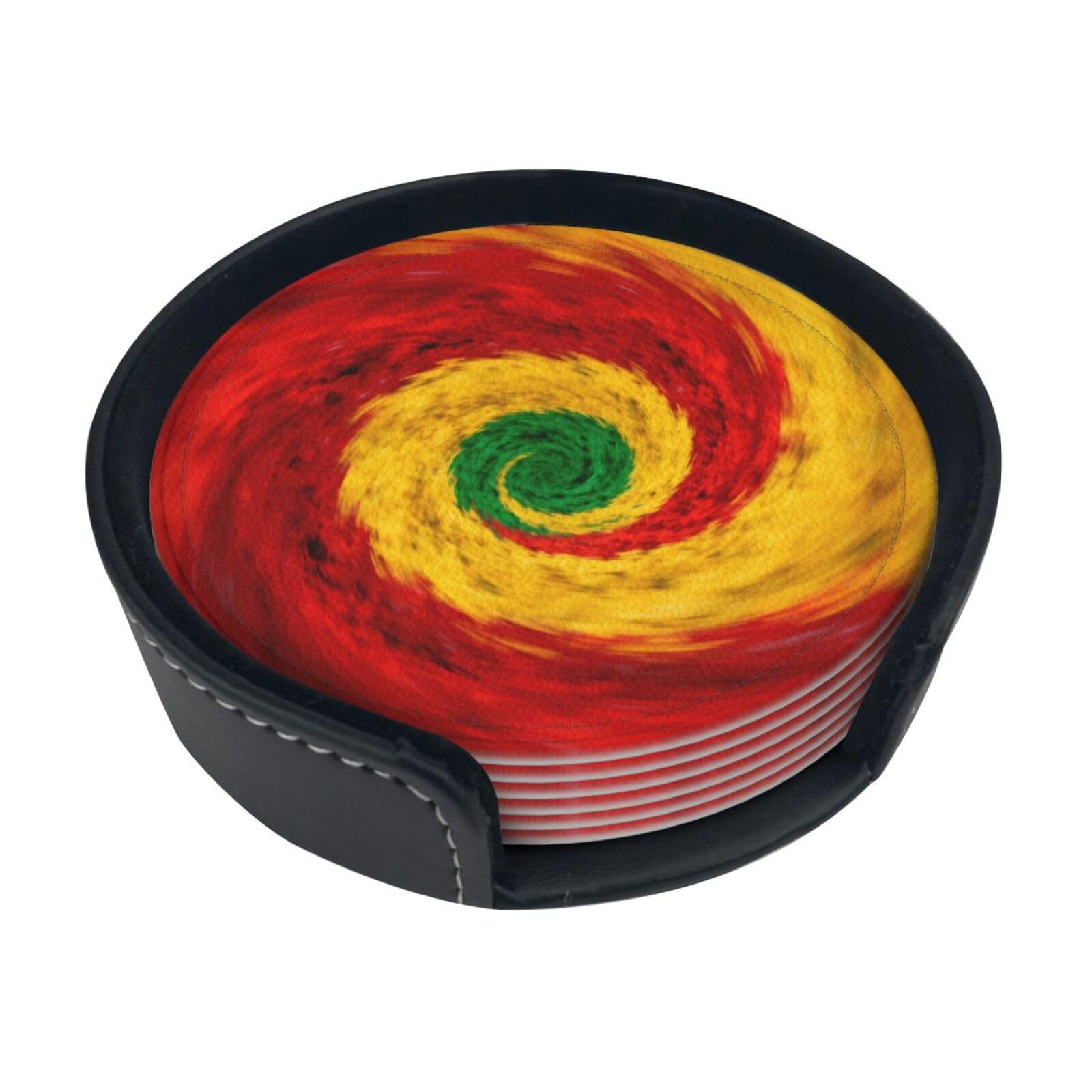 Cntdbu White Spiral Three Color Leather Coasters Set Of 6-Pu Leather Drink Mats For Table, Heat Resistant Round Coasters With Holder