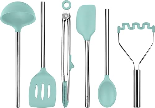 Miniatura 60 de Tovolo Juego de 6 utensilios de cocina de silicona, cucharón verde pesto ranurado, espátula, espátula, raspador, cuchara mezcladora y triturador