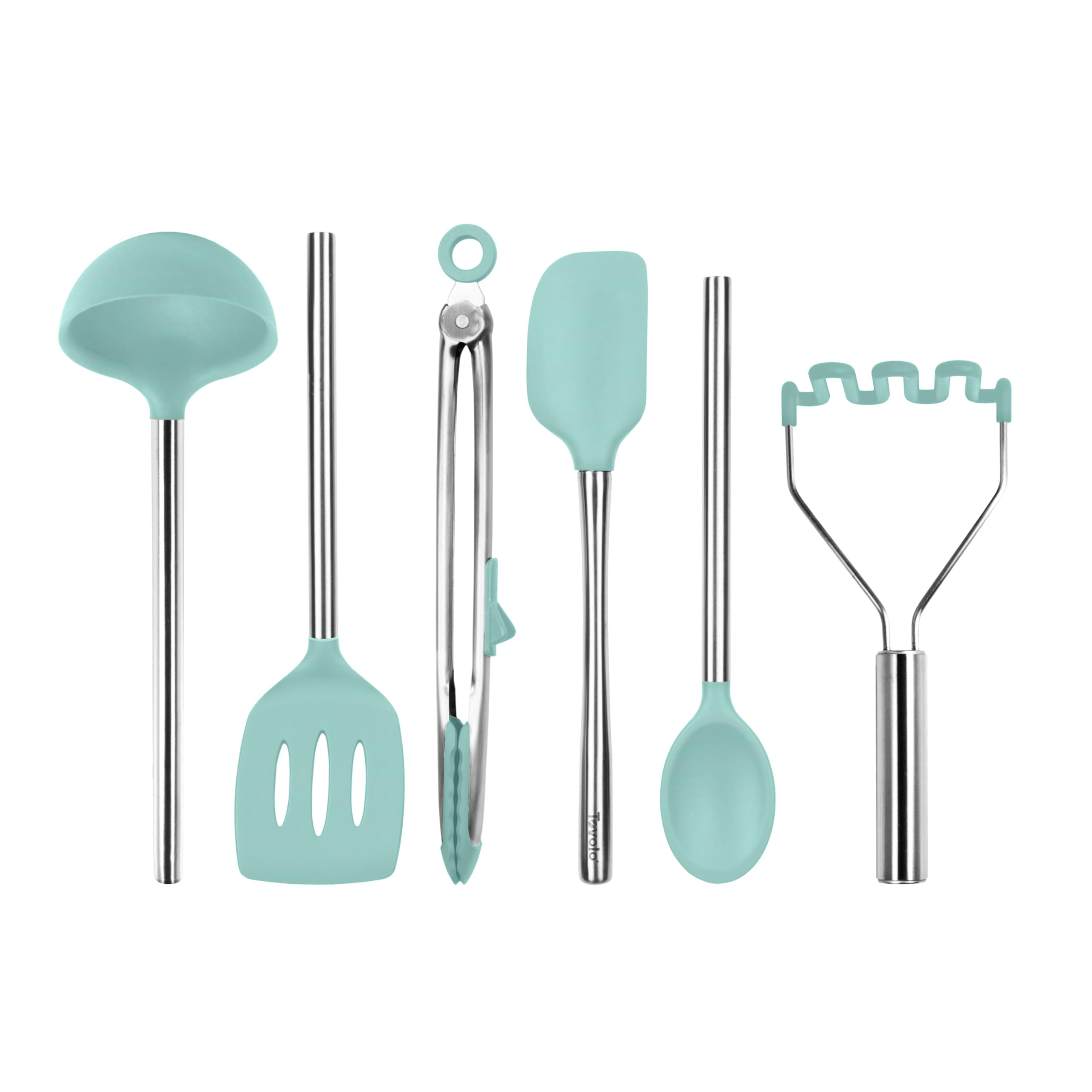 Tovolo Aqua Silicone Cooking Utensil Set Of 6 Seafoam Green Ladle Slotted Turner Tongs Flex Core Spatula Scraper Mixing Spoon And Potato Masher, Dishwasher Safe Non Toxic Bpa Free Kitchen Utensils