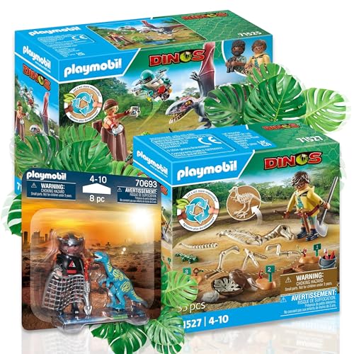 PLAYMOBIL 70693 Dinos - Duo-Pack caza de Velociraptor 71527 - Dinos - Sitio arqueológico con Dino-esqueleto 71525 Dinos Estación de observación para dimorfodon