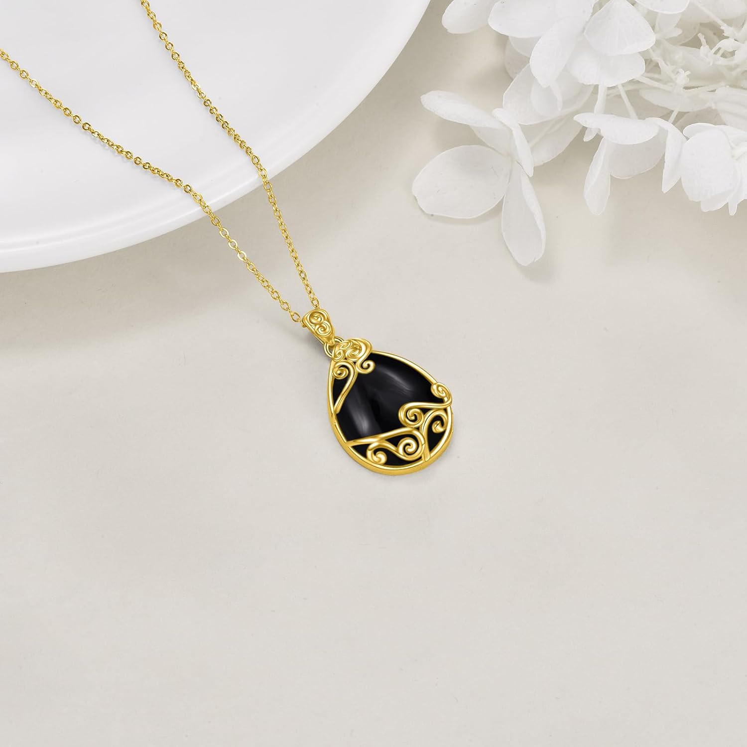 YAFEINI Black Onyx Necklace for Women Sterling Silver 18K Yellow Gold Plated Black Filigree Boho Teardrop Pendant Necklace Jewelry Gifts for Girls - Image 4