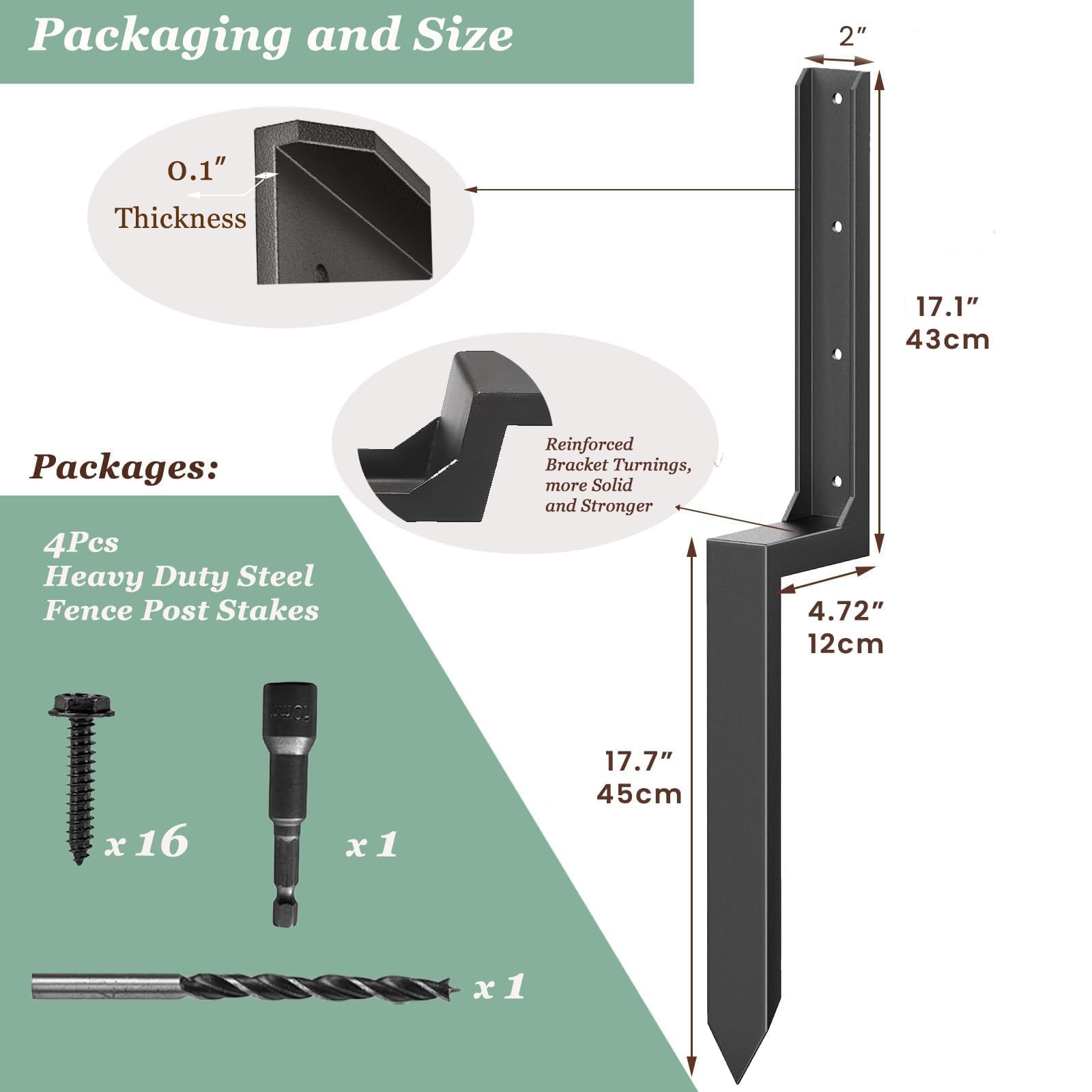 Paquete de 4 anclajes de poste de valla resistentes, kit de estacas de reparación de postes de valla con clavos, taladro, enchufe, para reparar valla de madera rota inclinada, solución duradera