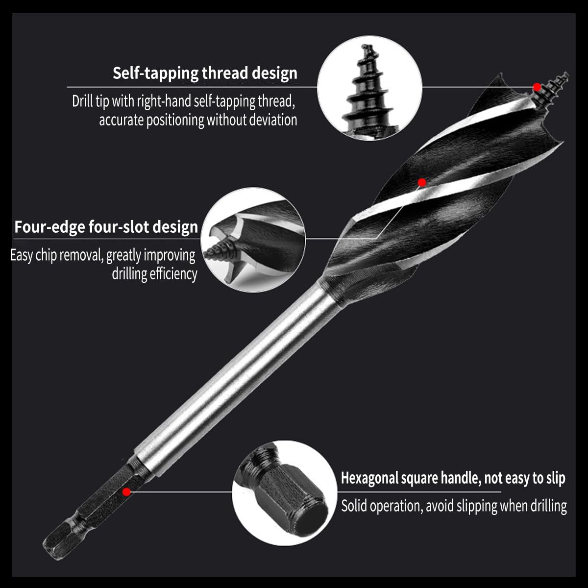SUQIN Professional Wood Drill Bit 28mm x 165 mm,1/4 Inch Hex Shank Woodworking Hole Drill Bit,Self Feed Speed Wood Auger drill bit for Soft and Hard Wood,Plastic,with Centre Point - Image 3