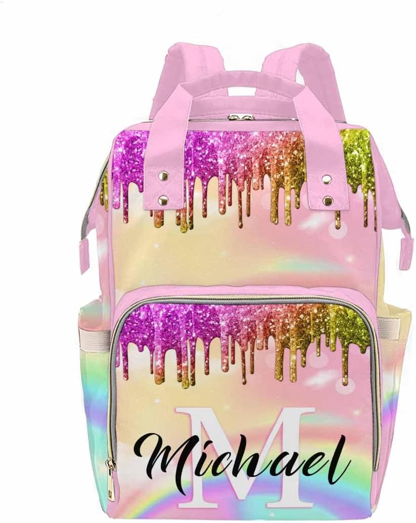 InterestPrint Personalized Name Mommy Bag Customized Dreamy Rainbow Diaper Bag Custom Nursing Bag Gift for Mom Shoulder Bag Backpack Travel Backpack Daypack Bag for Shopping