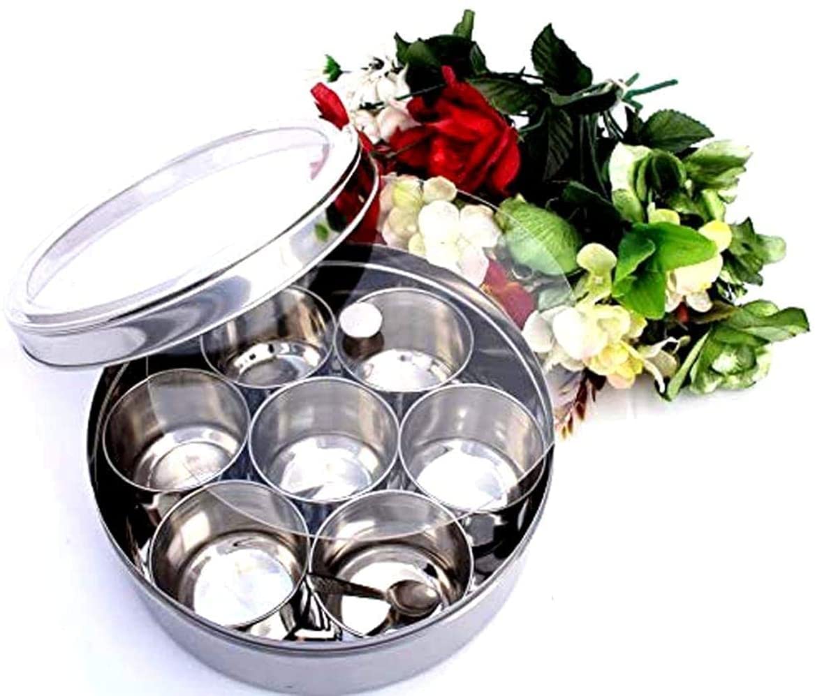 King International Stainless Steel Silver Acrylic Spice Box With 7 Spice Containers, (20x20x8CM), Masala Box For Kitchen, Masala Container For Kitchen Use, Kitchen Set For Home, Indian Masala Dabba, 7 In 1 Masala Dani