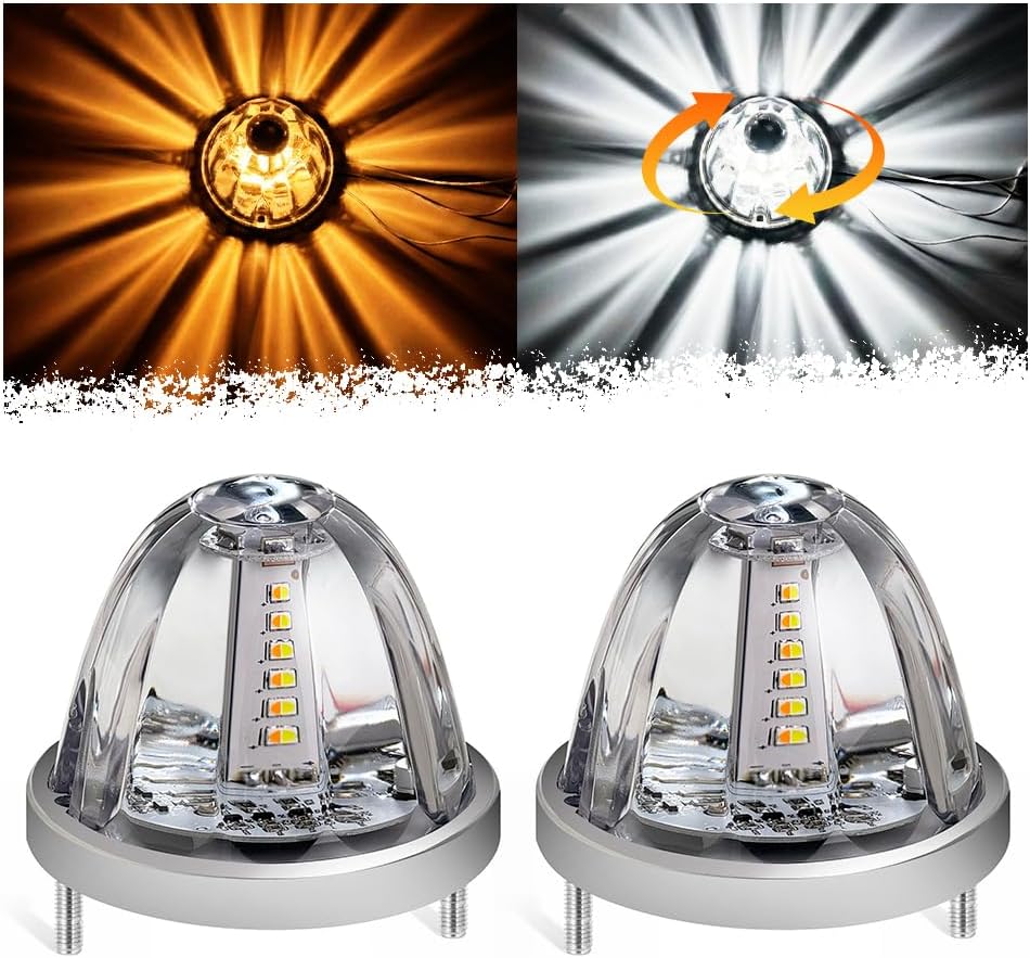 Dual Color Amber White Watermelon Lights,2 Pcs LED Side Marker Turn Signal Lights 360°Rotating 30 led Clear Lens Water Melon Lights for Peterbilt Freightliner Trucks Trailers RVs Motohomes